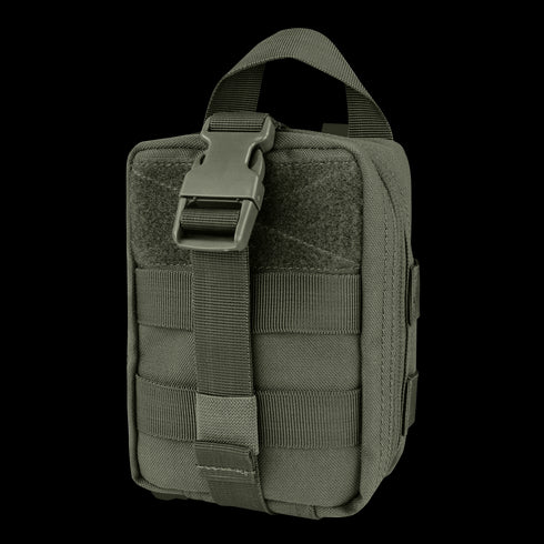 The Condor Rip-Away EMT Pouch Lite in olive green features a buckle closure, front MOLLE webbing, and a top handle—perfect for military use or as an EDC essential for bushcraft and outdoor adventures.
