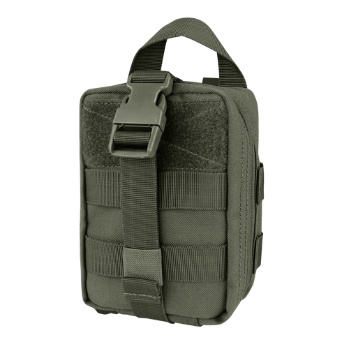 The Condor Rip-Away EMT Pouch Lite in olive green features a buckle closure, front MOLLE webbing, and a top handle—perfect for military use or as an EDC essential for bushcraft and outdoor adventures.