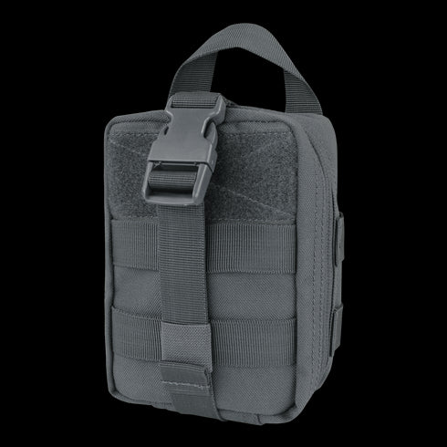 The Condor Rip-Away EMT Pouch Lite is a compact black pouch with MOLLE webbing, a top handle, and a front strap with plastic buckle—perfect for shooting ranges or first responder gear.