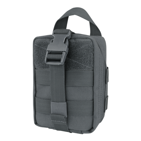 The Condor Rip-Away EMT Pouch Lite is a compact black pouch with MOLLE webbing, a top handle, and a front strap with plastic buckle—perfect for shooting ranges or first responder gear.