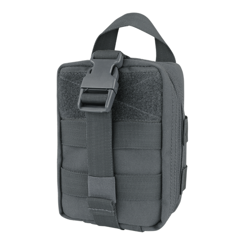 The Condor Rip-Away EMT Pouch Lite is a compact black pouch with MOLLE webbing, a top handle, and a front strap with plastic buckle—perfect for shooting ranges or first responder gear.