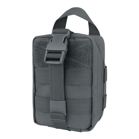 The Condor Rip-Away EMT Pouch Lite is a compact black pouch with MOLLE webbing, a top handle, and a front strap with plastic buckle—perfect for shooting ranges or first responder gear.