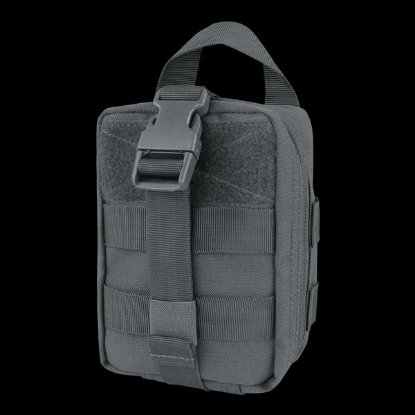 The Condor Rip-Away EMT Pouch Lite is a compact black pouch with MOLLE webbing, a top handle, and a front strap with plastic buckle—perfect for shooting ranges or first responder gear.