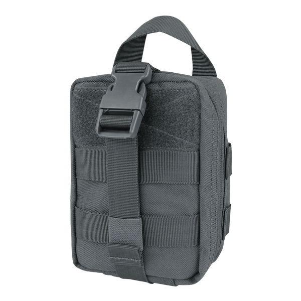 The Condor Rip-Away EMT Pouch Lite is a compact black pouch with MOLLE webbing, a top handle, and a front strap with plastic buckle—perfect for shooting ranges or first responder gear.