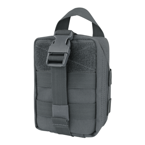 The Condor Rip-Away EMT Pouch Lite is a compact black pouch with MOLLE webbing, a top handle, and a front strap with plastic buckle—perfect for shooting ranges or first responder gear.