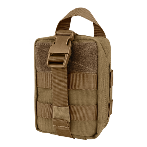 The Condor Rip-Away EMT Pouch Lite is a compact, tan pouch with a top handle, front buckle closure, and horizontal MOLLE webbing—ideal for EDC or law enforcement use at the shooting range.