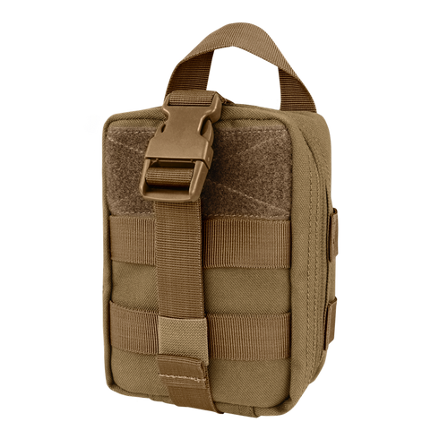The Condor Rip-Away EMT Pouch Lite is a compact, tan pouch with a top handle, front buckle closure, and horizontal MOLLE webbing—ideal for EDC or law enforcement use at the shooting range.