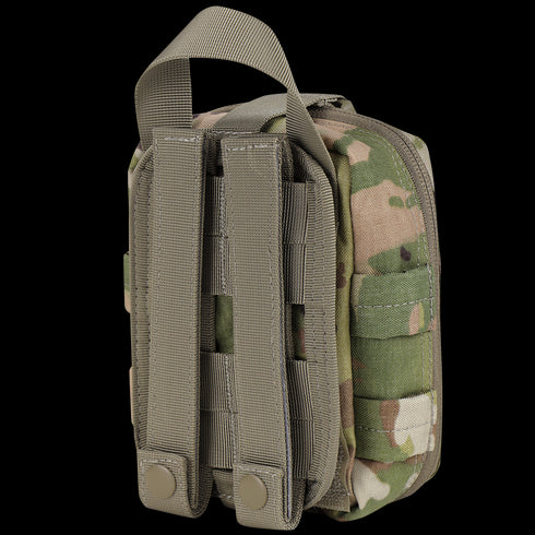 The Condor Rip-Away EMT Pouch Lite - Scorpion OCP is a compact camouflage pouch with MOLLE straps, snap closures, a top handle, and a zippered main compartment.