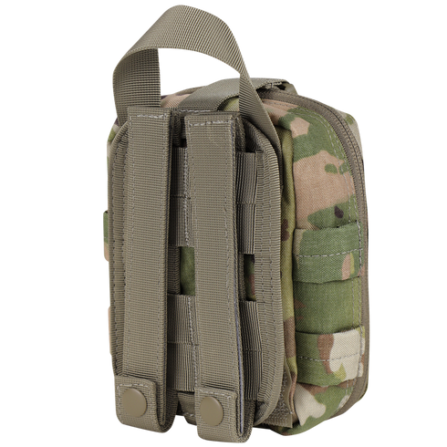 The Condor Rip-Away EMT Pouch Lite - Scorpion OCP is a compact camouflage pouch with MOLLE straps, snap closures, a top handle, and a zippered main compartment.