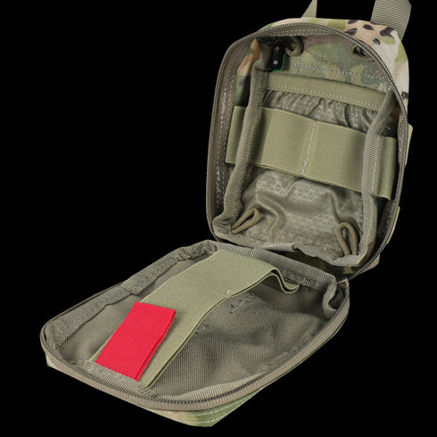 The Condor Rip-Away EMT Pouch Lite in MultiCam is an open, empty pouch featuring internal elastic straps, a red left-side pull tab, and MOLLE compatibility for secure attachment.