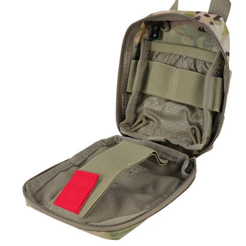 The Condor Rip-Away EMT Pouch Lite - Scorpion OCP is an open tactical pouch in camouflage, featuring internal elastic straps, a mesh pocket, and a red pull tab.
