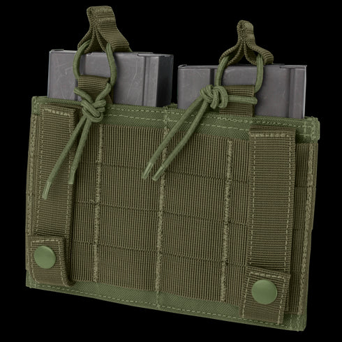 The Condor Double M14 Kangaroo Mag Pouch in olive green holds two rifle magazines and features MOLLE webbing, pull tabs, and snap button closures.