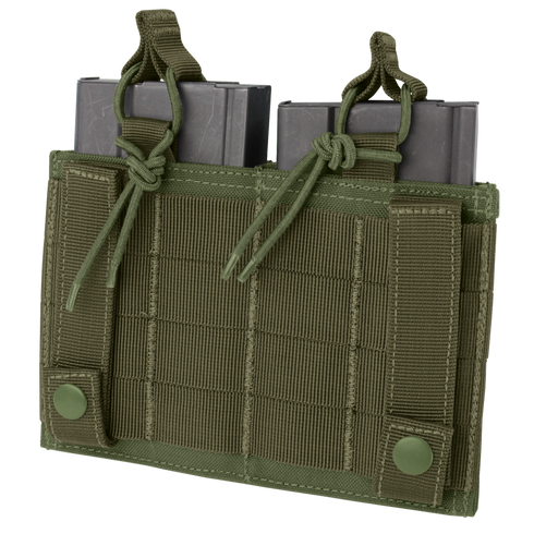 The Condor Double M14 Kangaroo Mag Pouch in olive green holds two rifle magazines and features MOLLE webbing, pull tabs, and snap button closures.