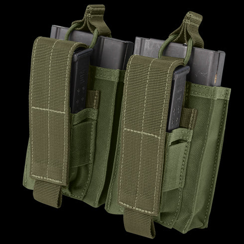 Two Condor Double M14 Kangaroo Mag Pouches in Olive Drab, each with securing flaps and pull tabs, hold black magazines.