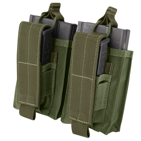 Two Condor Double M14 Kangaroo Mag Pouches in Olive Drab, each with securing flaps and pull tabs, hold black magazines.