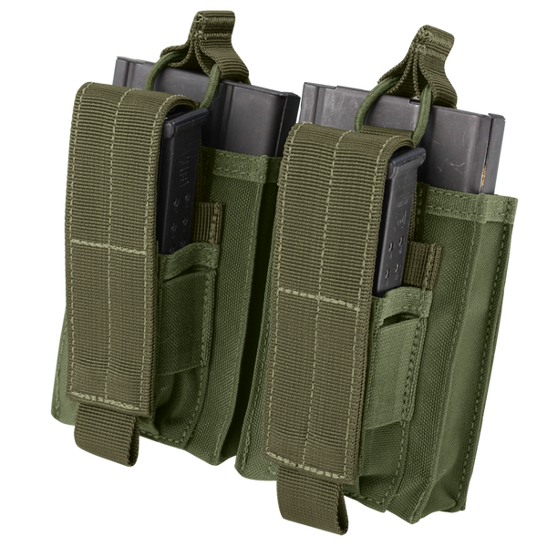 Two Condor Double M14 Kangaroo Mag Pouches in Olive Drab, each with securing flaps and pull tabs, hold black magazines.
