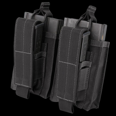 The Condor Double M14 Kangaroo Mag Pouch features two black pouches attached side by side, each holding a partially visible rectangular magazine—perfect for military or first responder gear setups.