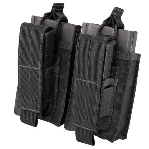 The Condor Double M14 Kangaroo Mag Pouch features two black pouches attached side by side, each holding a partially visible rectangular magazine—perfect for military or first responder gear setups.