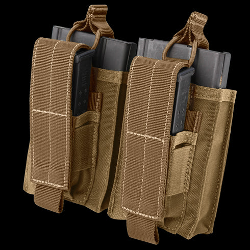 The Condor Double M14 Kangaroo Mag Pouch holds two metal magazines, secured with fabric straps and hook-and-loop closures—perfect for military or shooting range use.