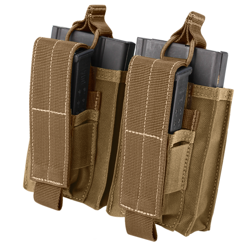 The Condor Double M14 Kangaroo Mag Pouch holds two metal magazines, secured with fabric straps and hook-and-loop closures—perfect for military or shooting range use.