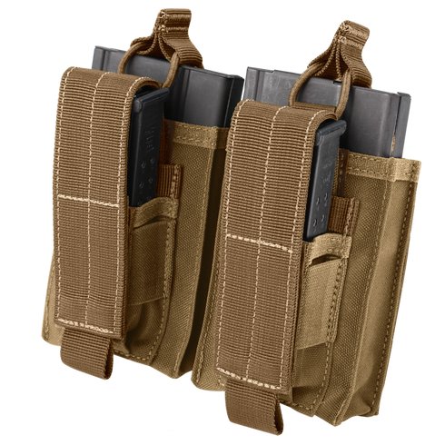 The Condor Double M14 Kangaroo Mag Pouch holds two metal magazines, secured with fabric straps and hook-and-loop closures—perfect for military or shooting range use.