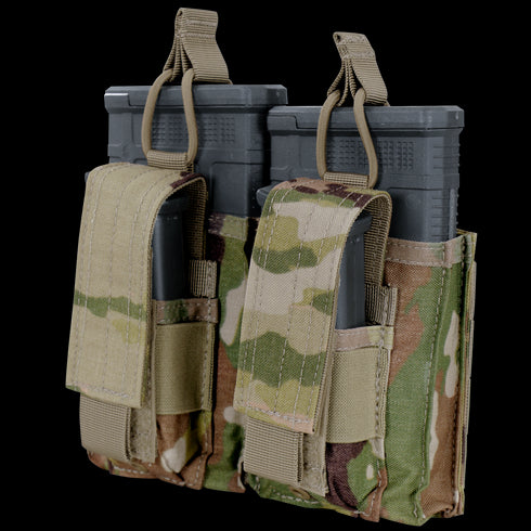 The Condor Double M14 Kangaroo Mag Pouch in Scorpion OCP securely holds two rifle magazines with its tan straps and hook-and-loop flaps.