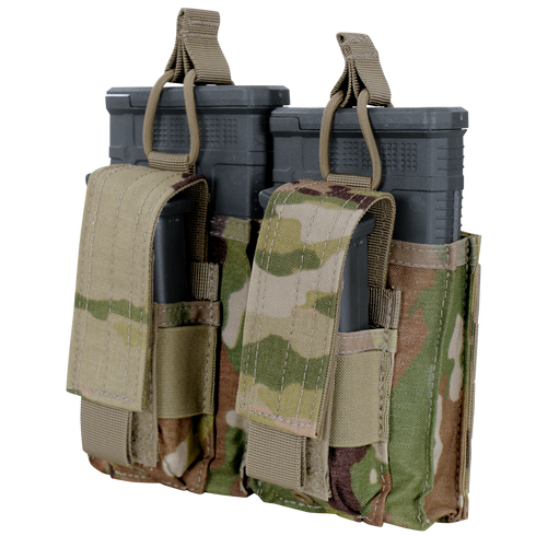 The Condor Double M14 Kangaroo Mag Pouch in Scorpion OCP securely holds two rifle magazines with its tan straps and hook-and-loop flaps.