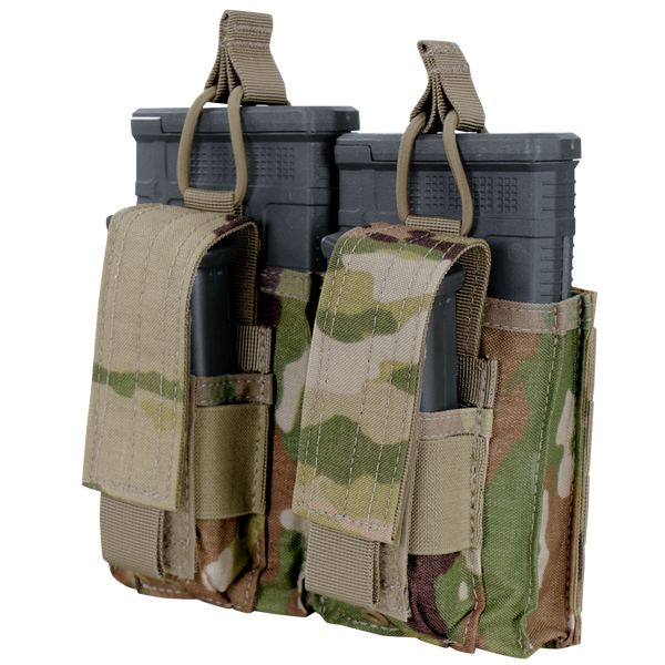The Condor Double M14 Kangaroo Mag Pouch in Scorpion OCP securely holds two rifle magazines with its tan straps and hook-and-loop flaps.