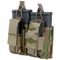 The Condor Double M14 Kangaroo Mag Pouch in Scorpion OCP securely holds two rifle magazines with its tan straps and hook-and-loop flaps.