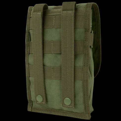 The Condor Small Utility Pouch is a green tactical pouch with MOLLE webbing and two snap-button straps on the back, designed for easy attachment to compatible gear or backpacks.