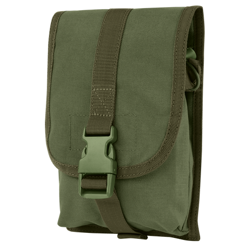 The Condor Small Utility Pouch in Olive Drab features a durable fabric build, front flap with plastic buckle and strap, and is shown against a white background.