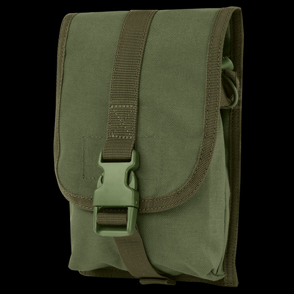 The Condor Small Utility Pouch in Olive Drab features a durable fabric build, front flap with plastic buckle and strap, and is shown against a white background.