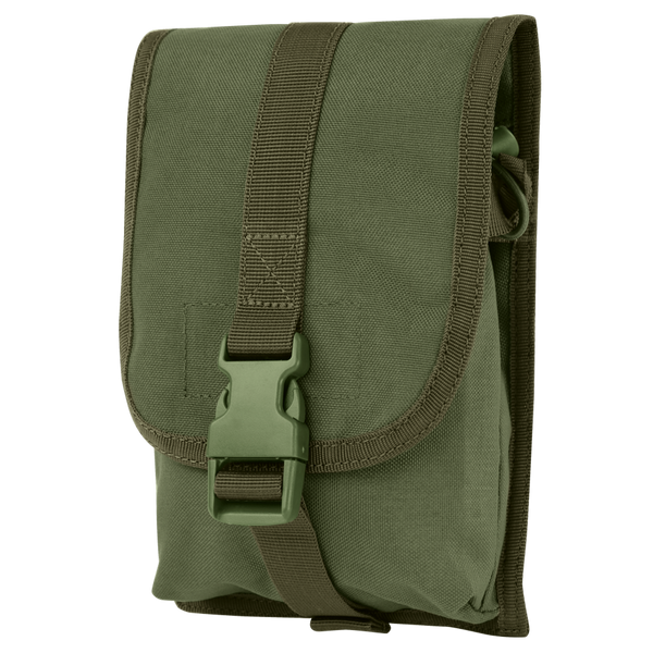 The Condor Small Utility Pouch in Olive Drab features a durable fabric build, front flap with plastic buckle and strap, and is shown against a white background.