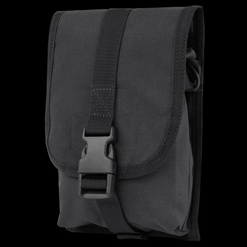The Condor Small Utility Pouch is a black, rectangular canvas pouch with a flap closure, secured by a plastic snap buckle and adjustable strap—ideal for military or law enforcement use.