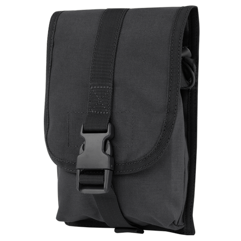 The Condor Small Utility Pouch is a black, rectangular canvas pouch with a flap closure, secured by a plastic snap buckle and adjustable strap—ideal for military or law enforcement use.