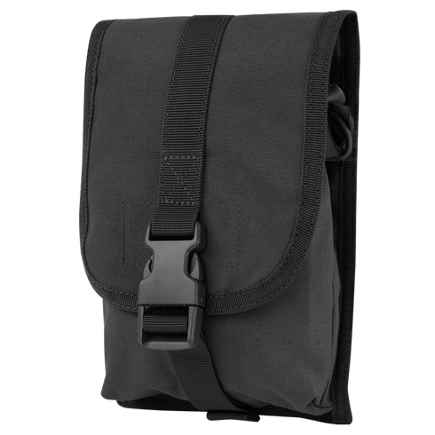 The Condor Small Utility Pouch is a black, rectangular canvas pouch with a flap closure, secured by a plastic snap buckle and adjustable strap—ideal for military or law enforcement use.