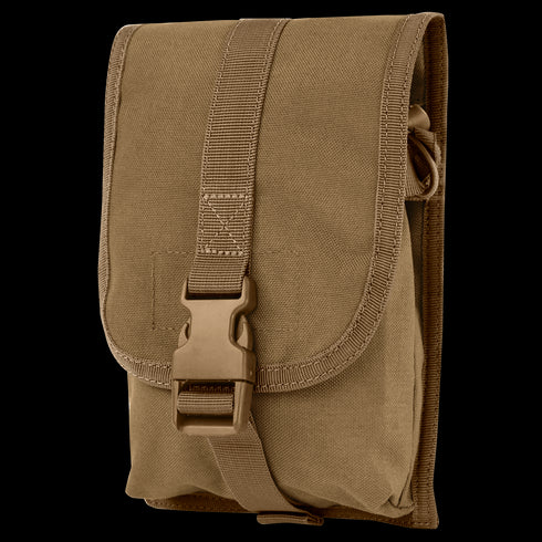 The Condor Small Utility Pouch, made of durable tan fabric with a front flap secured by a buckle and strap, is ideal for military or range use. Shown against a white background.