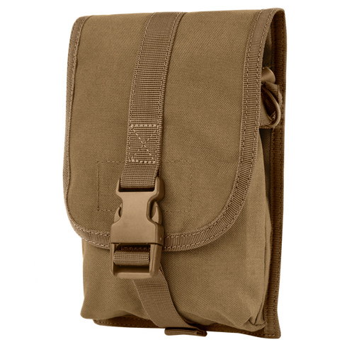 The Condor Small Utility Pouch, made of durable tan fabric with a front flap secured by a buckle and strap, is ideal for military or range use. Shown against a white background.