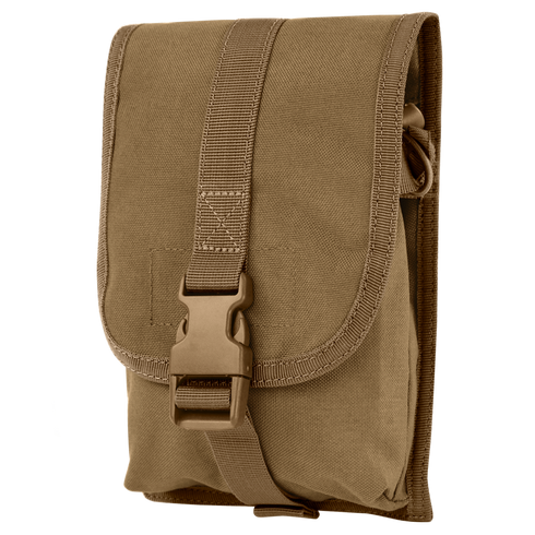 The Condor Small Utility Pouch, made of durable tan fabric with a front flap secured by a buckle and strap, is ideal for military or range use. Shown against a white background.