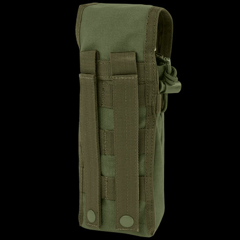 The Condor Water Bottle Pouch is a green tactical pouch featuring a flap closure and MOLLE straps on the back for easy attachment to your gear.