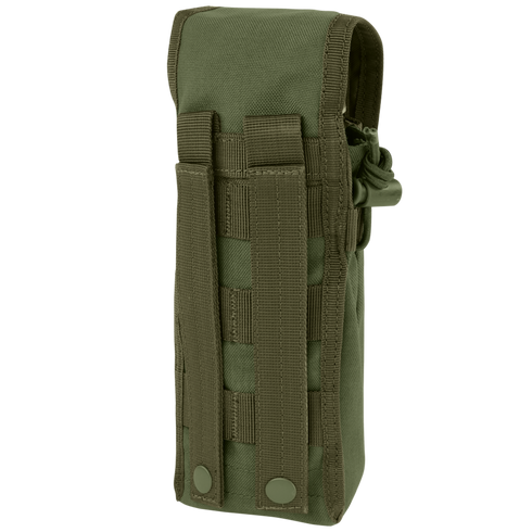 The Condor Water Bottle Pouch is a green tactical pouch featuring a flap closure and MOLLE straps on the back for easy attachment to your gear.