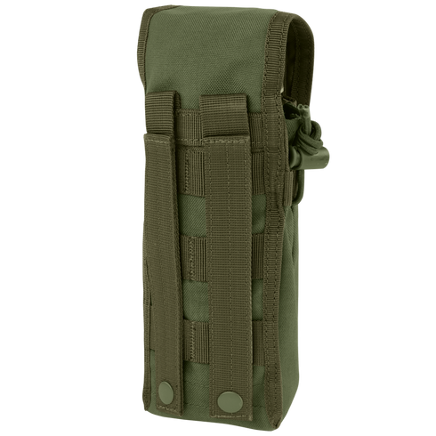 The Condor Water Bottle Pouch is a green tactical pouch featuring a flap closure and MOLLE straps on the back for easy attachment to your gear.