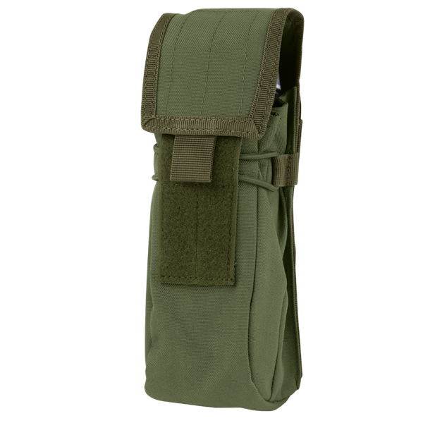 The Condor Water Bottle Pouch in Olive Drab features a Velcro-secured flap closure, ideal for carrying small equipment or accessories.