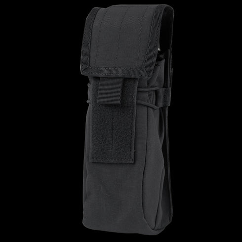 The Condor Water Bottle Pouch in black is a MOLLE-compatible nylon pouch with a flap closure and hook-and-loop fastener, ideal for carrying small gear, accessories, or serving as a compact hydration solution on the go.