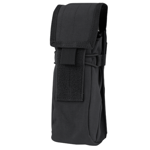 The Condor Water Bottle Pouch in black is a MOLLE-compatible nylon pouch with a flap closure and hook-and-loop fastener, ideal for carrying small gear, accessories, or serving as a compact hydration solution on the go.