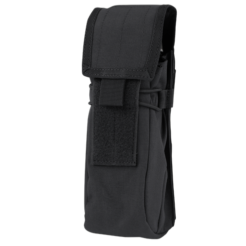 The Condor Water Bottle Pouch in black is a MOLLE-compatible nylon pouch with a flap closure and hook-and-loop fastener, ideal for carrying small gear, accessories, or serving as a compact hydration solution on the go.