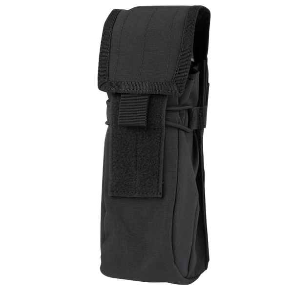 The Condor Water Bottle Pouch in black is a MOLLE-compatible nylon pouch with a flap closure and hook-and-loop fastener, ideal for carrying small gear, accessories, or serving as a compact hydration solution on the go.
