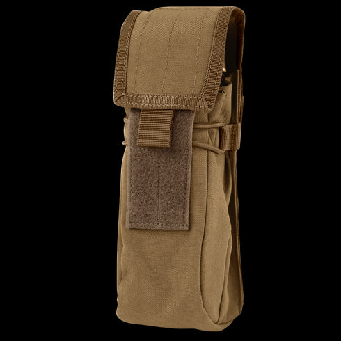 The Condor Water Bottle Pouch in Coyote Brown features durable fabric, a flap closure with Velcro strap, and MOLLE compatibility—perfect for carrying small gear or a water bottle on your pack.