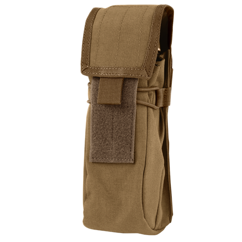 The Condor Water Bottle Pouch in Coyote Brown features durable fabric, a flap closure with Velcro strap, and MOLLE compatibility—perfect for carrying small gear or a water bottle on your pack.