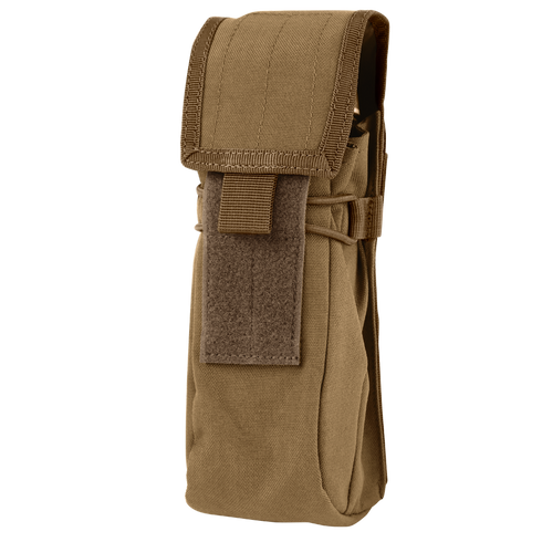 The Condor Water Bottle Pouch in Coyote Brown features durable fabric, a flap closure with Velcro strap, and MOLLE compatibility—perfect for carrying small gear or a water bottle on your pack.